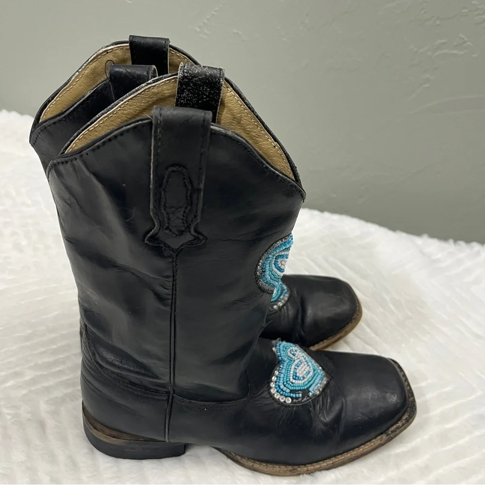 Roper Black Turquoise Kid‎ Cowgirl Boots size 3 western beads leather